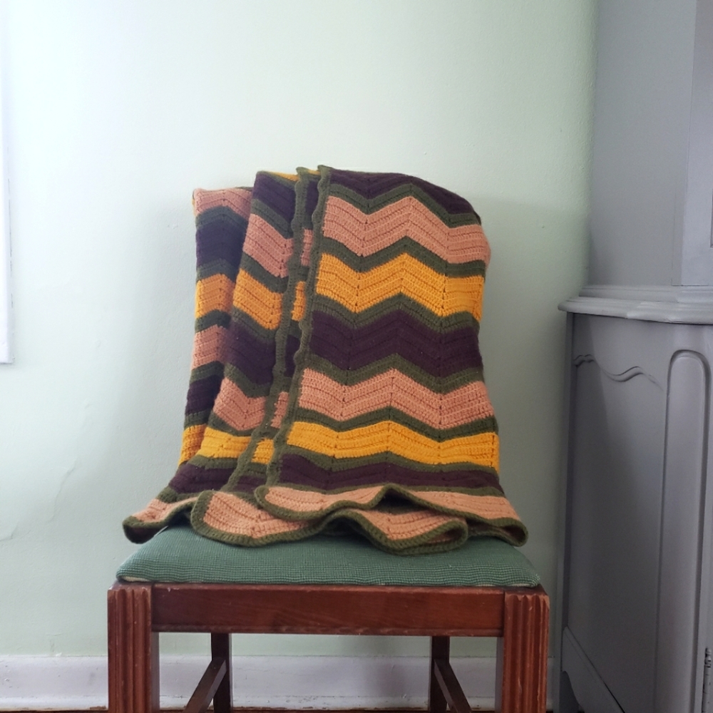 70's Vintage Fall Chevron Crochet Blanket Throw Handmade
